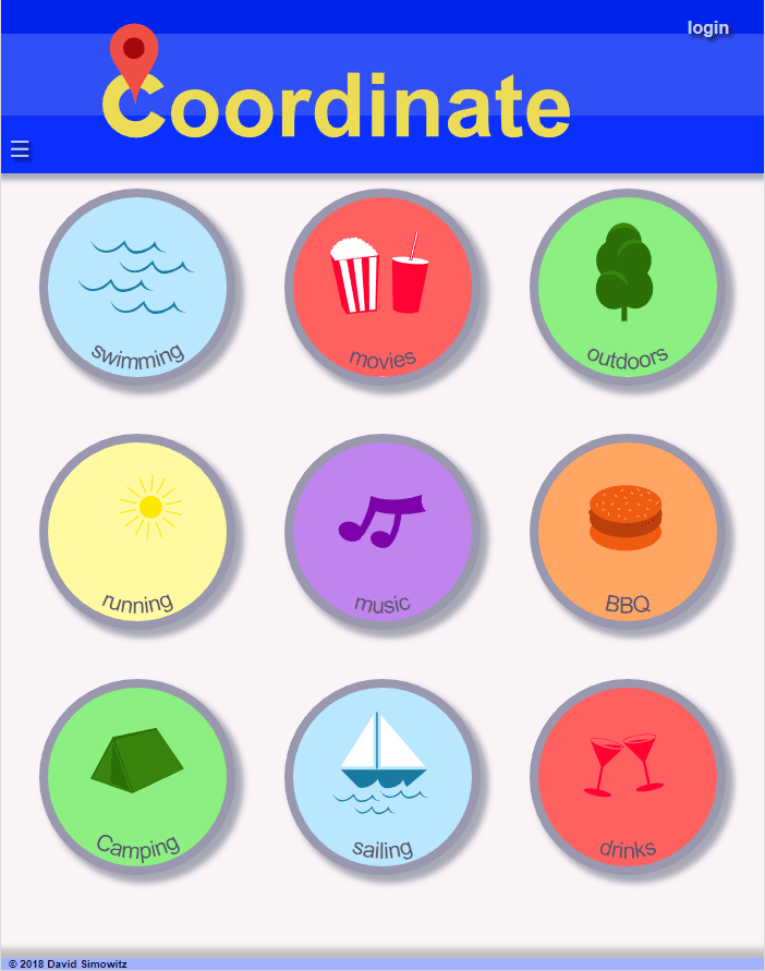 A responsive web application called Coordinate that is displaying a list of activities that can be selected to browse their respective events