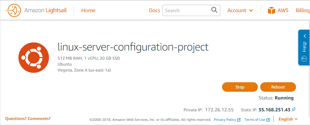 Ubuntu logo and server configuration from instances page on Amazon Lightsail account