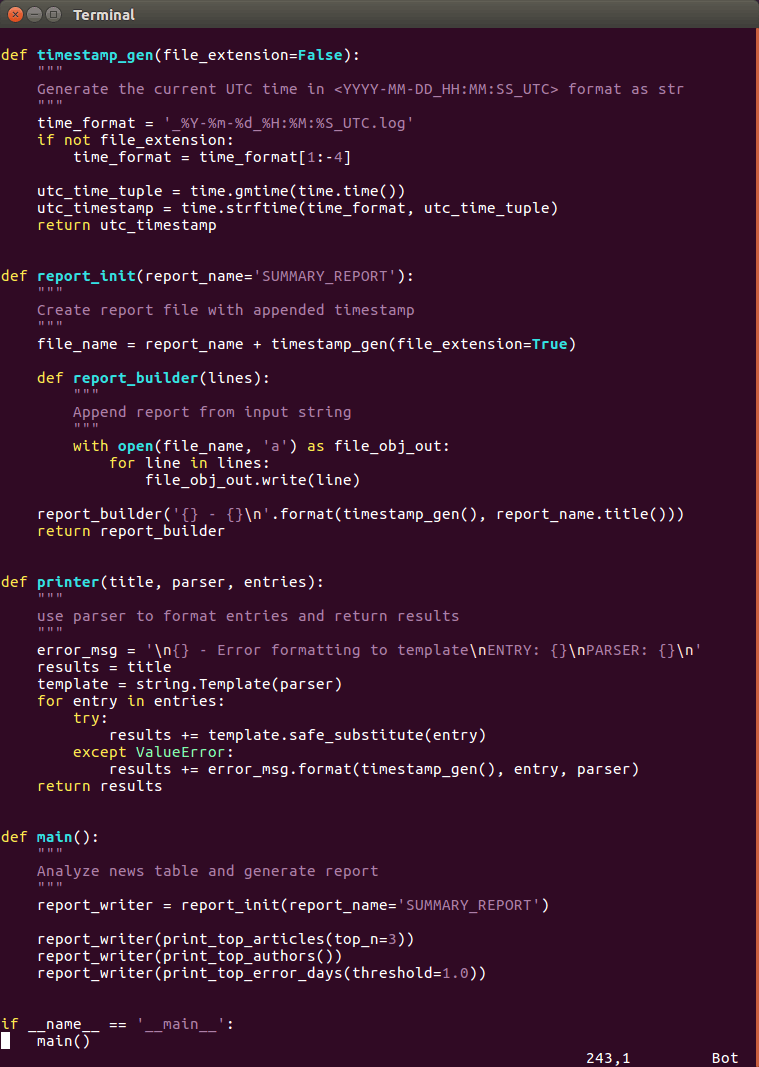 Code for the logs analysis project displayed from a terminal