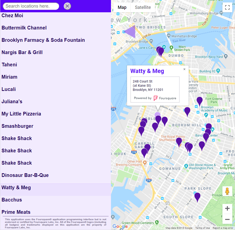 Restaurant selected in Google Maps Application displaying Brooklyn neighborhood with dropped markers