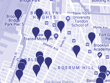 Google Maps Application displaying Brooklyn neighborhood with dropped markers